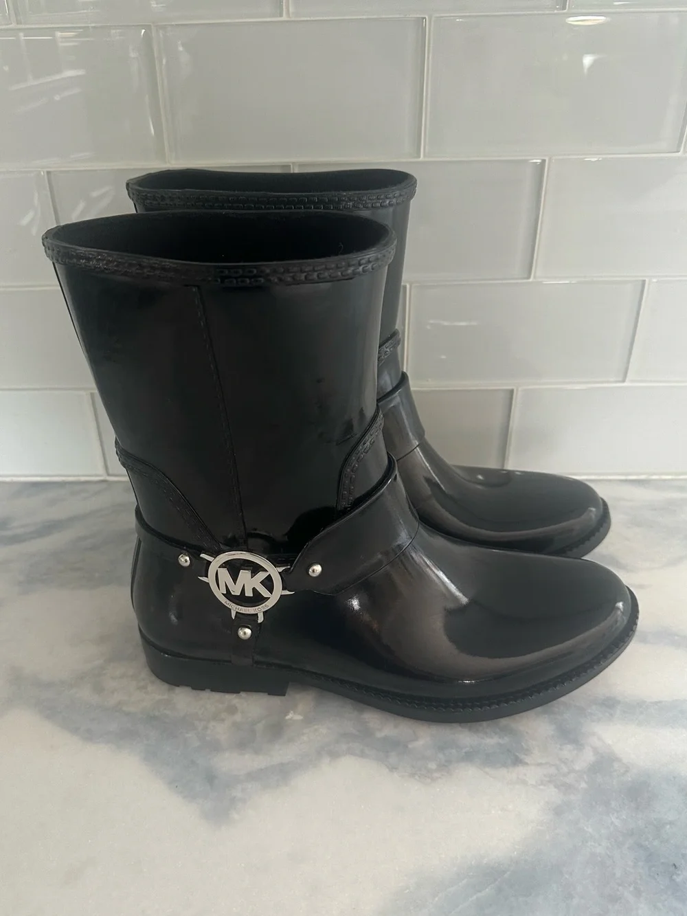 Michael Kors Black Patent Fulton MK Harness Boot  Size 8